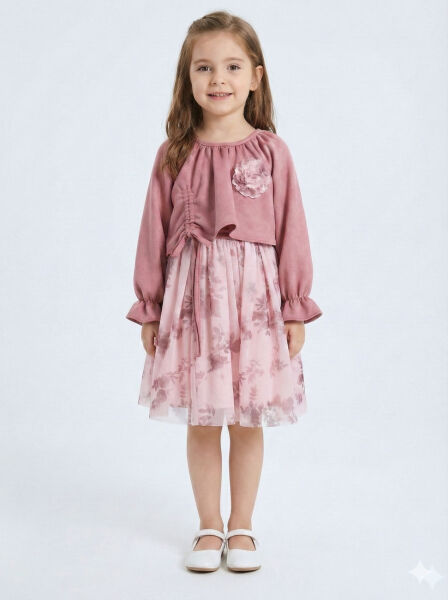 Bağcık Detaylı Beli ve Kolu Büzgülü Kız Çocuk Elbise 4-8 Yaş 4418 Gül Kurusu - Lanova Kids