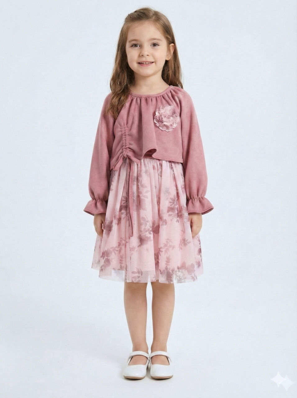 Bağcık Detaylı Beli ve Kolu Büzgülü Kız Çocuk Elbise 4-8 Yaş 4418 Gül Kurusu - 1