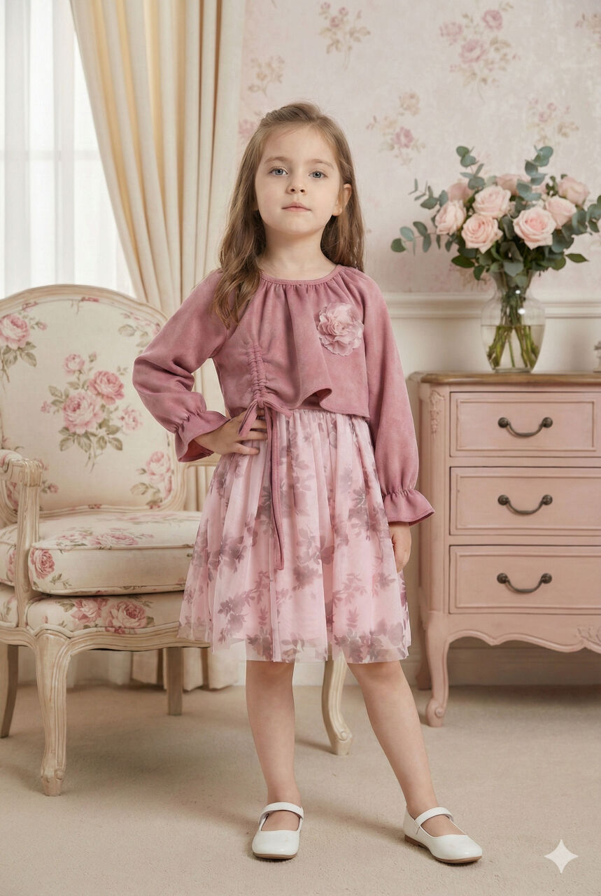 Bağcık Detaylı Beli ve Kolu Büzgülü Kız Çocuk Elbise 4-8 Yaş 4418 Gül Kurusu - 2