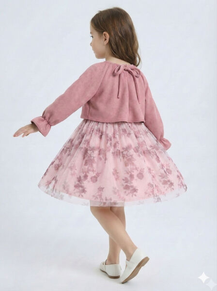 Bağcık Detaylı Beli ve Kolu Büzgülü Kız Çocuk Elbise 4-8 Yaş 4418 Gül Kurusu - 4