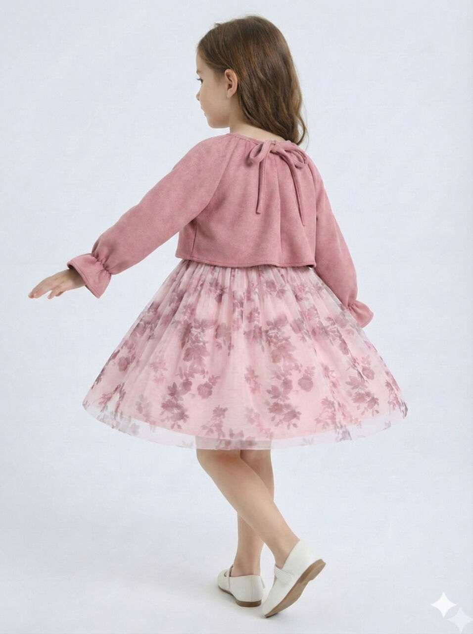 Bağcık Detaylı Beli ve Kolu Büzgülü Kız Çocuk Elbise 4-8 Yaş 4418 Gül Kurusu - 4