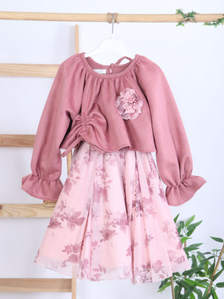 Bağcık Detaylı Beli ve Kolu Büzgülü Kız Çocuk Elbise 4-8 Yaş 4418 Gül Kurusu - 5