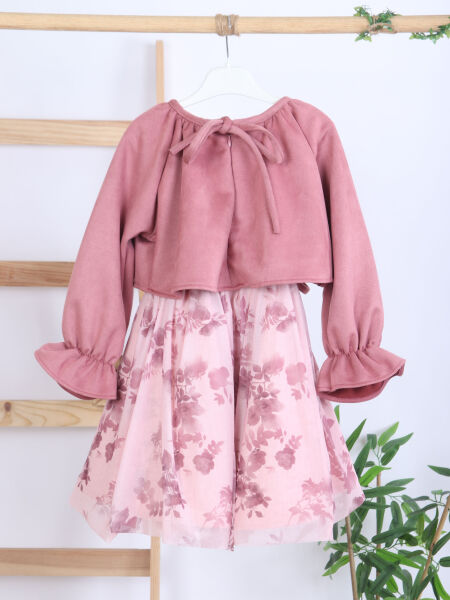 Bağcık Detaylı Beli ve Kolu Büzgülü Kız Çocuk Elbise 4-8 Yaş 4418 Gül Kurusu - 6