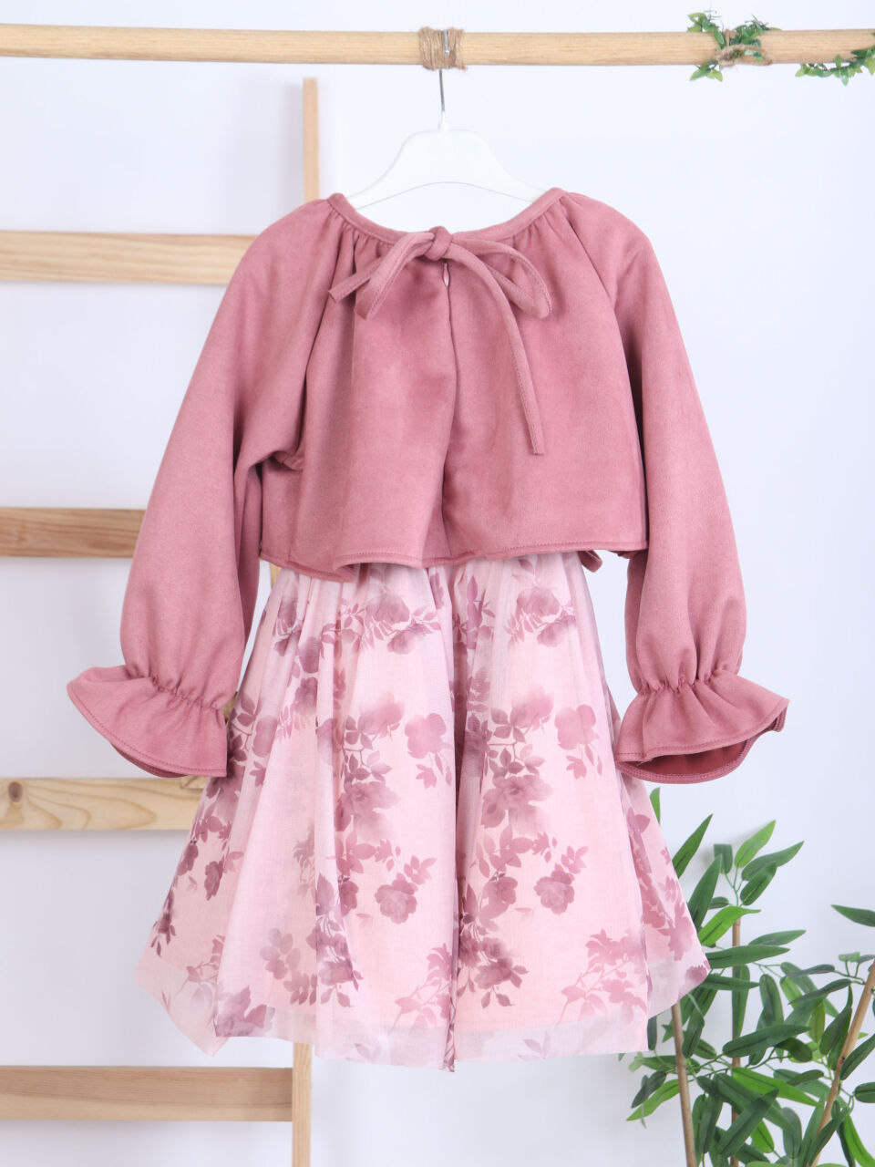 Bağcık Detaylı Beli ve Kolu Büzgülü Kız Çocuk Elbise 4-8 Yaş 4418 Gül Kurusu - 6