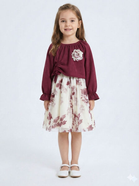 Bağcık Detaylı Beli ve Kolu Büzgülü Kız Çocuk Elbise 4-8 Yaş 4418 Bordu - Ekru - Lanova Kids