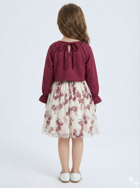 Bağcık Detaylı Beli ve Kolu Büzgülü Kız Çocuk Elbise 4-8 Yaş 4418 Bordu - Ekru - 2