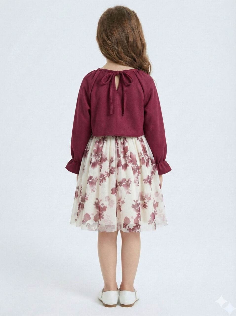 Bağcık Detaylı Beli ve Kolu Büzgülü Kız Çocuk Elbise 4-8 Yaş 4418 Bordu - Ekru - 2