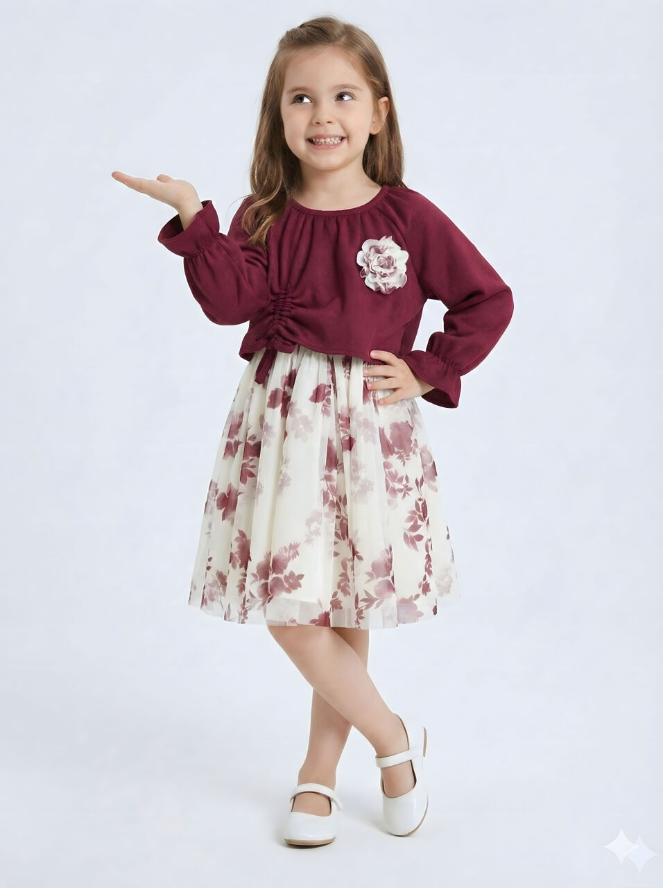 Bağcık Detaylı Beli ve Kolu Büzgülü Kız Çocuk Elbise 4-8 Yaş 4418 Bordu - Ekru - 3