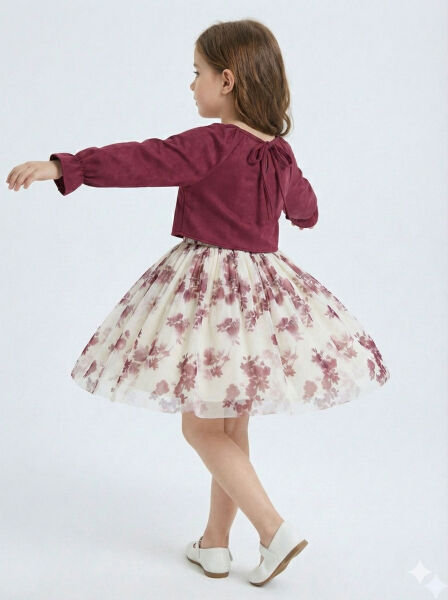 Bağcık Detaylı Beli ve Kolu Büzgülü Kız Çocuk Elbise 4-8 Yaş 4418 Bordu - Ekru - 4