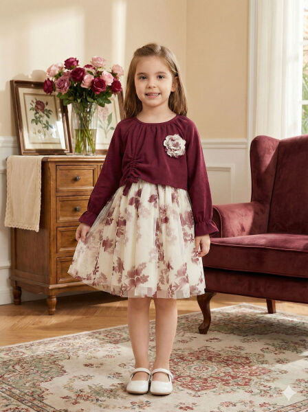 Bağcık Detaylı Beli ve Kolu Büzgülü Kız Çocuk Elbise 4-8 Yaş 4418 Bordu - Ekru - 5