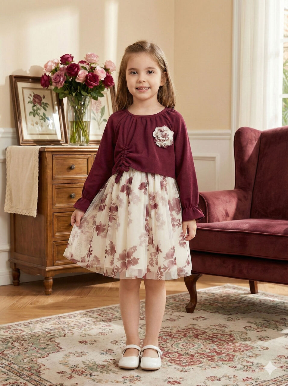 Bağcık Detaylı Beli ve Kolu Büzgülü Kız Çocuk Elbise 4-8 Yaş 4418 Bordu - Ekru - 5