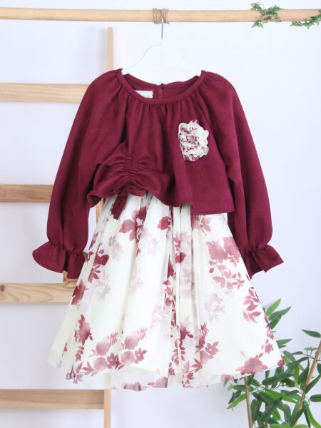 Bağcık Detaylı Beli ve Kolu Büzgülü Kız Çocuk Elbise 4-8 Yaş 4418 Bordu - Ekru - 6