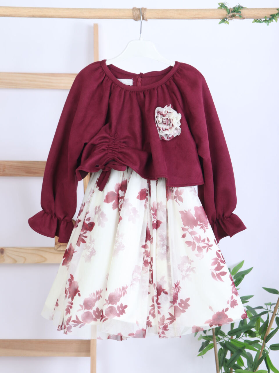 Bağcık Detaylı Beli ve Kolu Büzgülü Kız Çocuk Elbise 4-8 Yaş 4418 Bordu - Ekru - 6