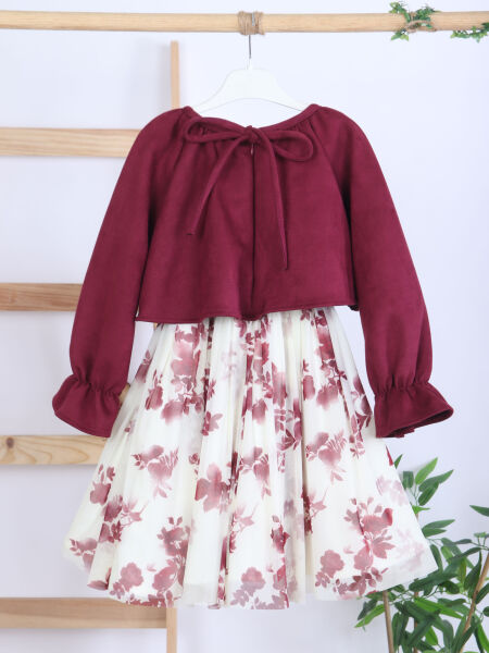 Bağcık Detaylı Beli ve Kolu Büzgülü Kız Çocuk Elbise 4-8 Yaş 4418 Bordu - Ekru - 7