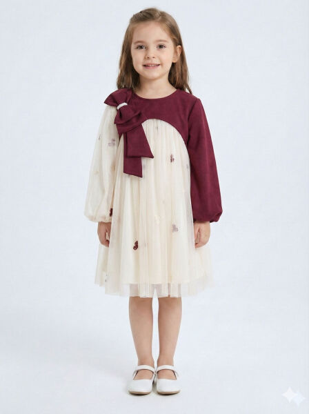 Bordo Kollu Fiyonk Detaylı Çiçek İşlemeli Tüllü Kız Çocuk Elbise 4-10 Yaş 4419 Ekru - Bordu - Lanova Kids