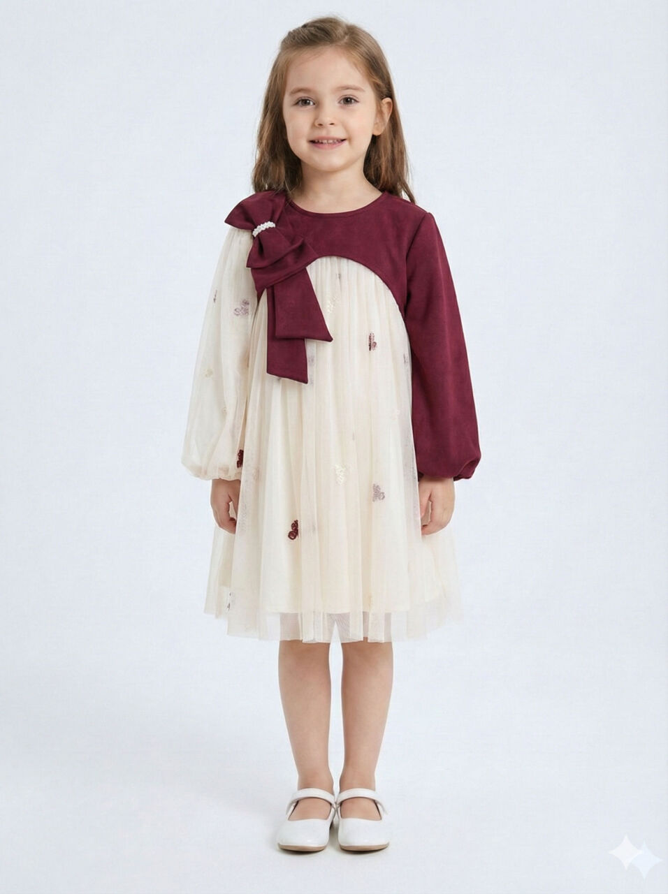 Bordo Kollu Fiyonk Detaylı Çiçek İşlemeli Tüllü Kız Çocuk Elbise 4-10 Yaş 4419 Ekru - Bordu - 1