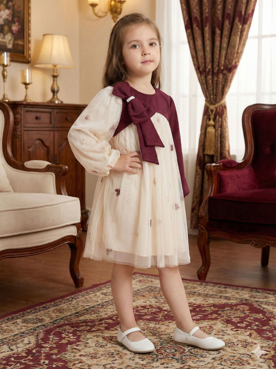 Bordo Kollu Fiyonk Detaylı Çiçek İşlemeli Tüllü Kız Çocuk Elbise 4-10 Yaş 4419 Ekru - Bordu - 2