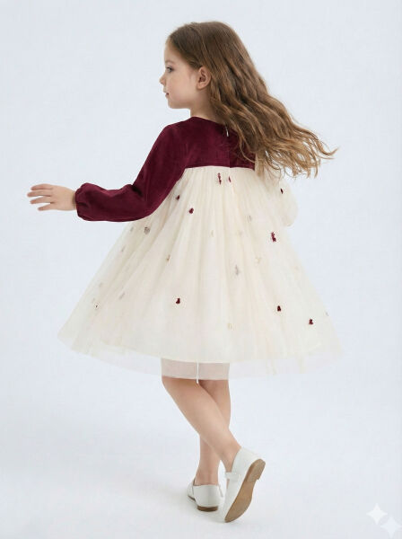 Bordo Kollu Fiyonk Detaylı Çiçek İşlemeli Tüllü Kız Çocuk Elbise 4-10 Yaş 4419 Ekru - Bordu - 3