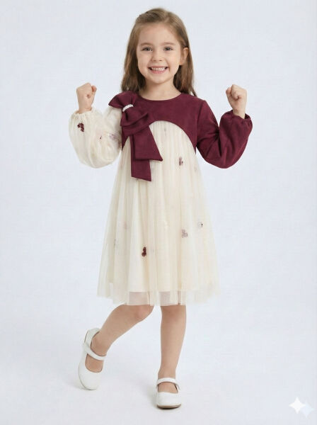 Bordo Kollu Fiyonk Detaylı Çiçek İşlemeli Tüllü Kız Çocuk Elbise 4-10 Yaş 4419 Ekru - Bordu - 4