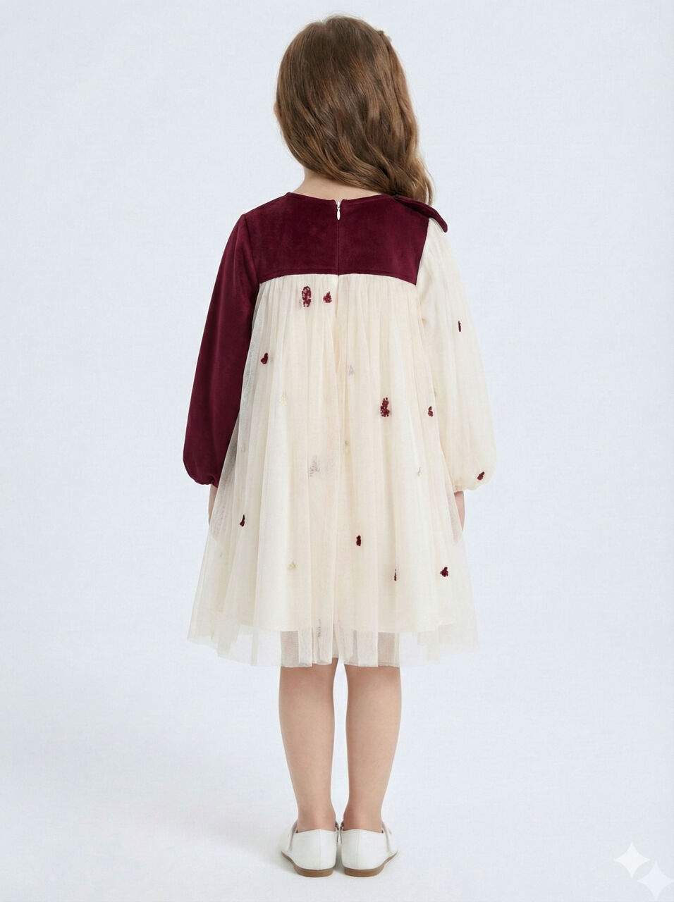 Bordo Kollu Fiyonk Detaylı Çiçek İşlemeli Tüllü Kız Çocuk Elbise 4-10 Yaş 4419 Ekru - Bordu - 5