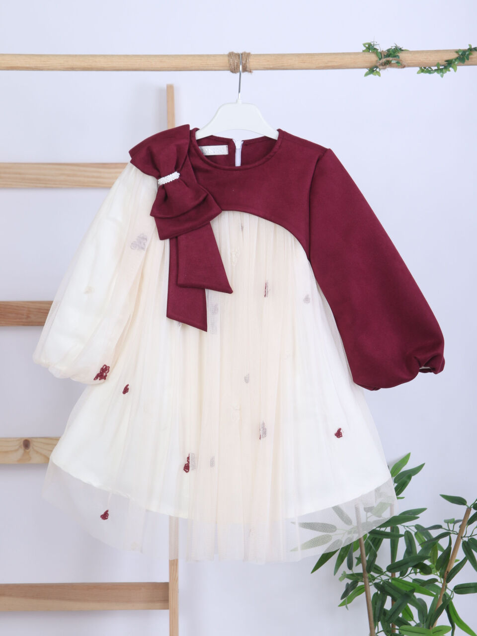 Bordo Kollu Fiyonk Detaylı Çiçek İşlemeli Tüllü Kız Çocuk Elbise 4-10 Yaş 4419 Ekru - Bordu - 6