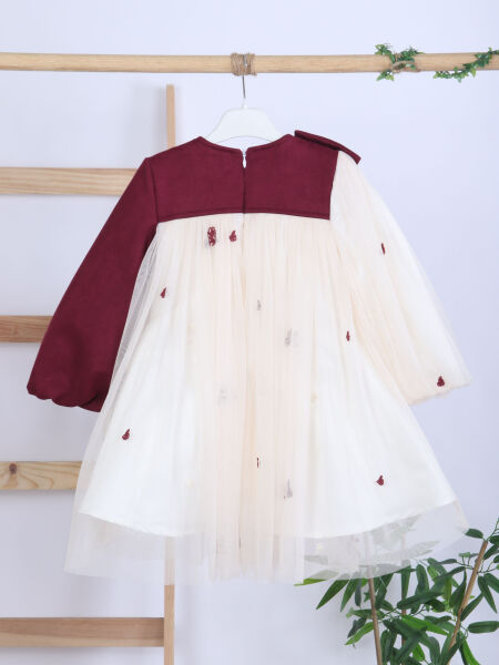 Bordo Kollu Fiyonk Detaylı Çiçek İşlemeli Tüllü Kız Çocuk Elbise 4-10 Yaş 4419 Ekru - Bordu - 7