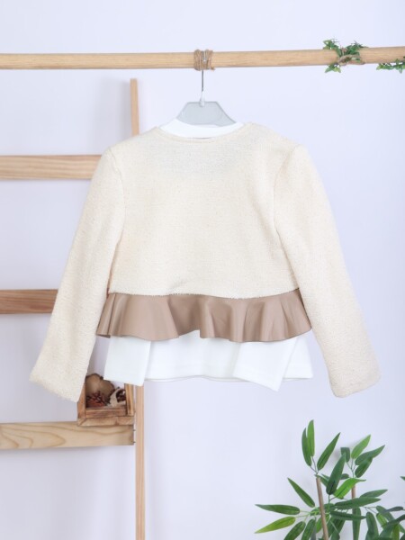 Çiçek Detaylı Tüvit Ceketli Deri Etekli Kız Çocuk 3'lü Takım 4-10 Yaş 4413 Beyaz - Kahverengi - 10