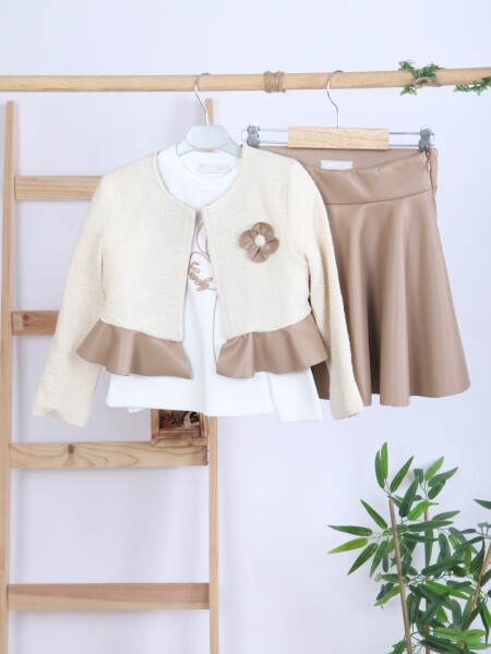 Çiçek Detaylı Tüvit Ceketli Deri Etekli Kız Çocuk 3'lü Takım 4-10 Yaş 4413 Beyaz - Kahverengi - 6