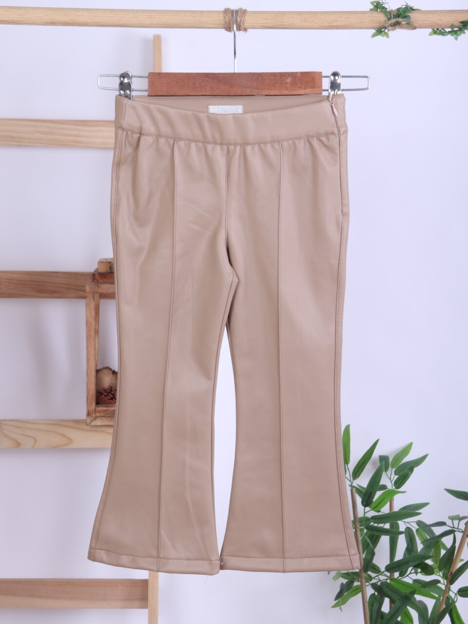 Kız Çocuk Tüvit Ceket ve Deri Pantolon 3'lü Takım 4-14 Yaş 4409 Bej - Kahverengi - 12