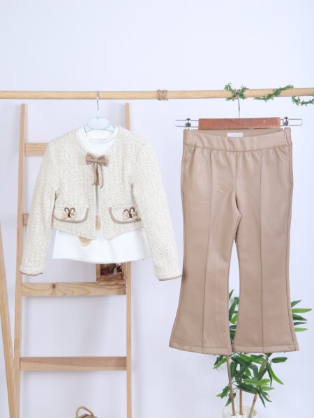 Kız Çocuk Tüvit Ceket ve Deri Pantolon 3'lü Takım 4-14 Yaş 4409 Bej - Kahverengi - 7