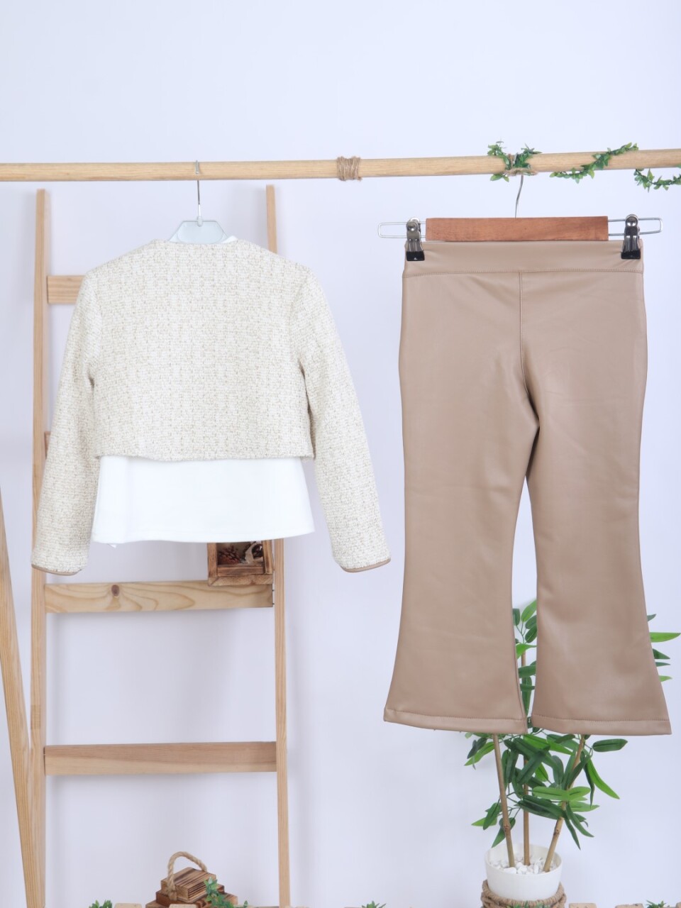 Kız Çocuk Tüvit Ceket ve Deri Pantolon 3'lü Takım 4-14 Yaş 4409 Bej - Kahverengi - 8