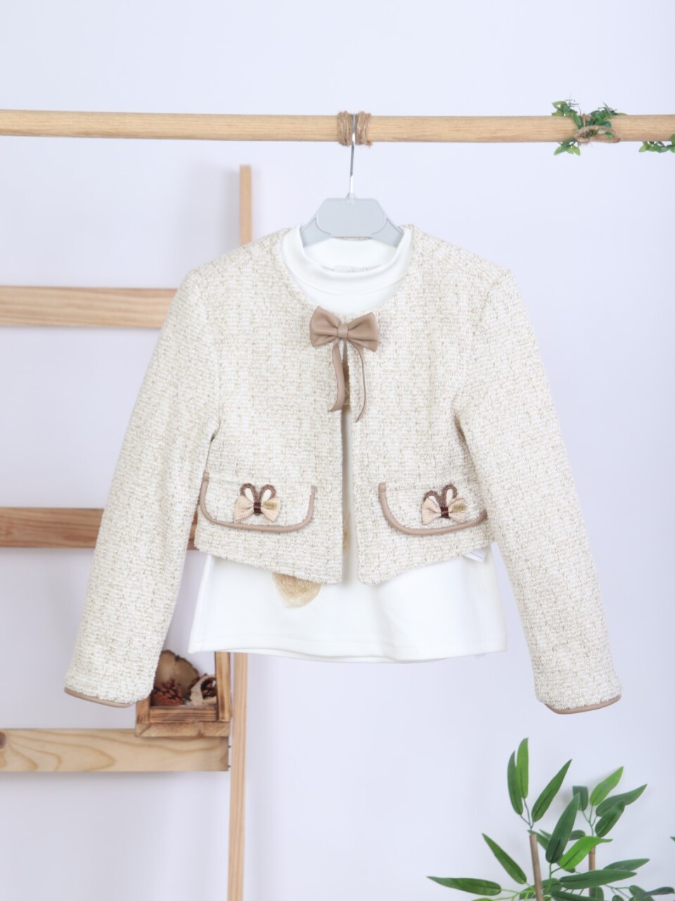 Kız Çocuk Tüvit Ceket ve Deri Pantolon 3'lü Takım 4-14 Yaş 4409 Bej - Kahverengi - 9