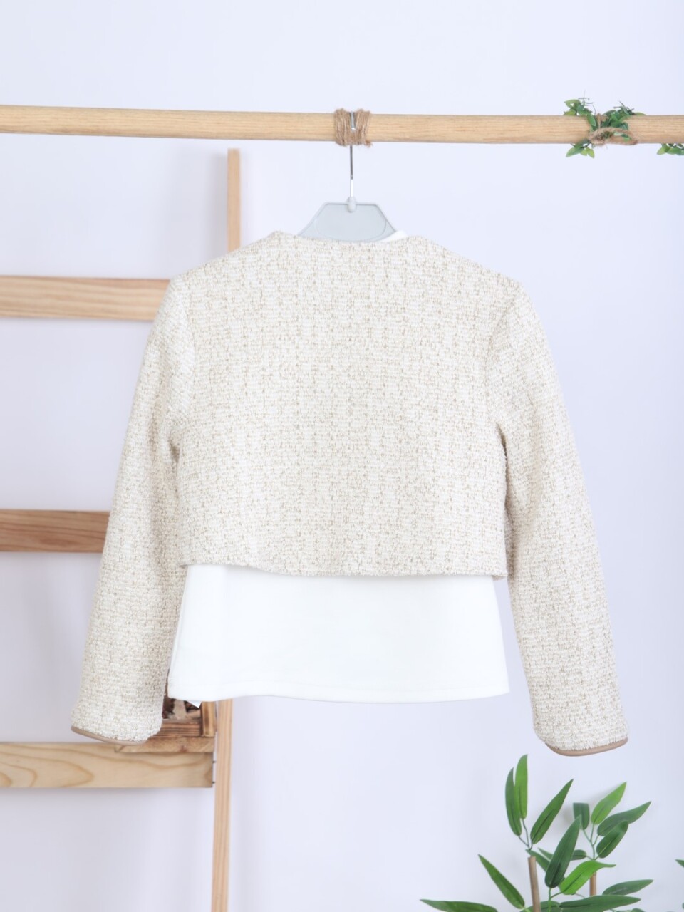 Kız Çocuk Tüvit Ceket ve Deri Pantolon 3'lü Takım 4-14 Yaş 4409 Bej - Kahverengi - 10