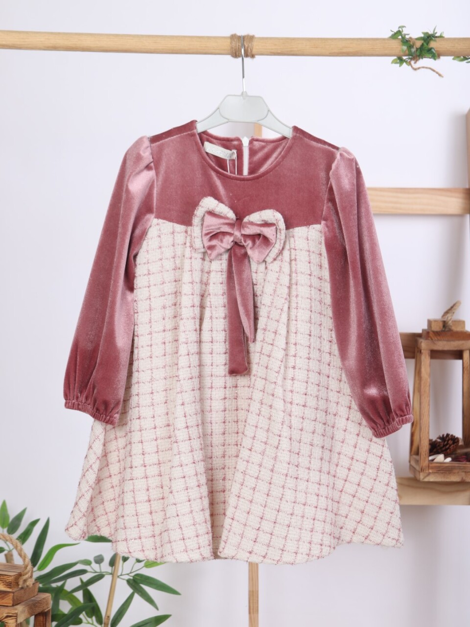 Kız Çocuk Fiyonk Detaylı Kadife ve Ekoseli Kız Çocuk Elbise 3-7 Yaş 4414 Gül Kurusu - 7