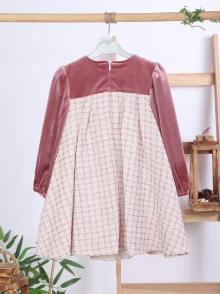 Kız Çocuk Fiyonk Detaylı Kadife ve Ekoseli Kız Çocuk Elbise 3-7 Yaş 4414 Gül Kurusu - 8