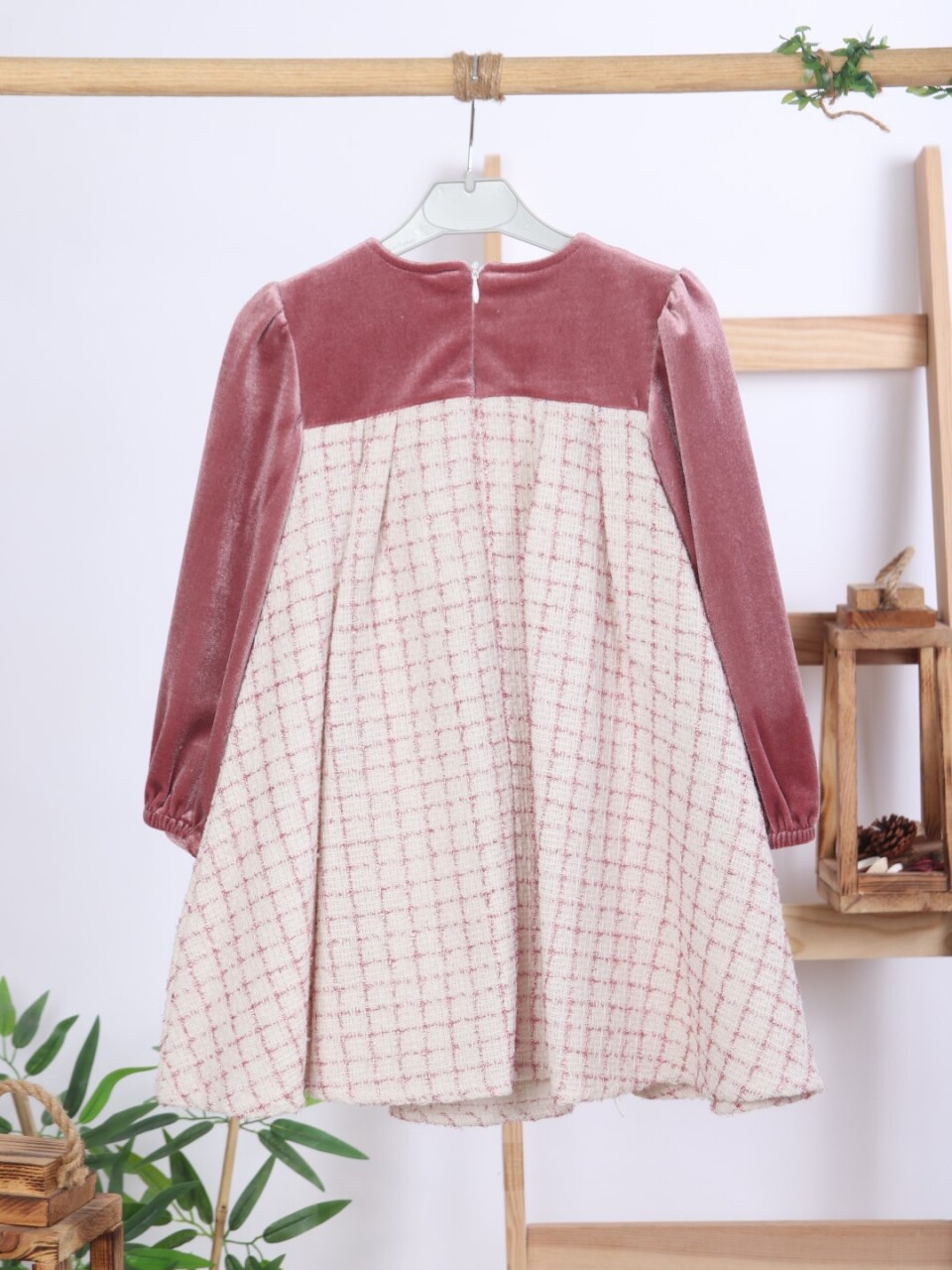 Kız Çocuk Fiyonk Detaylı Kadife ve Ekoseli Kız Çocuk Elbise 3-7 Yaş 4414 Gül Kurusu - 8