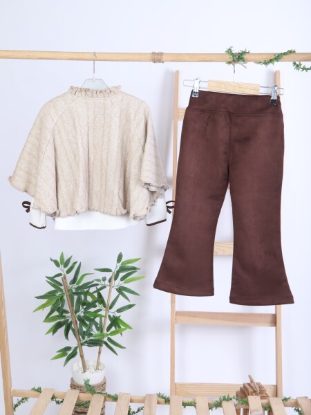 Pelerin Detaylı Kız Çocuk 3'lü Alt Üst Takım 4-10 Yaş 4406 Ekru - Kahverengi - 9