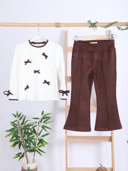 Pelerin Detaylı Kız Çocuk 3'lü Alt Üst Takım 4-10 Yaş 4406 Ekru - Kahverengi - 11