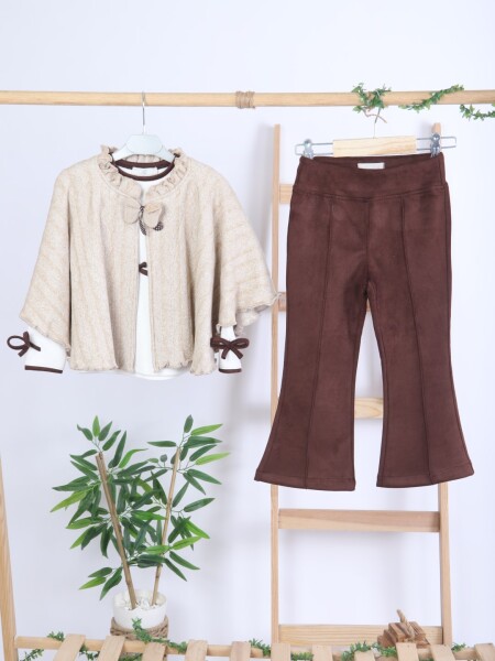 Pelerin Detaylı Kız Çocuk 3'lü Alt Üst Takım 4-10 Yaş 4406 Ekru - Kahverengi - 10