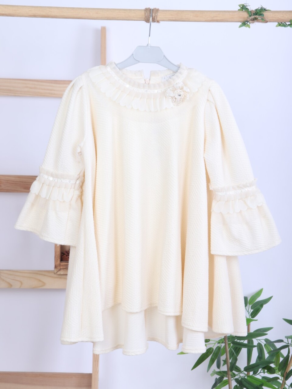 İspanyol Kollu Fırfırlı Yakalı Kız Çocuk Krem Elbise 4-10 Yaş 4405 Ekru - 7