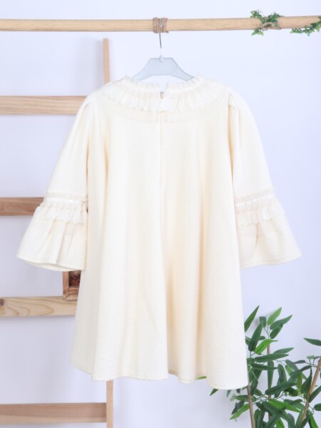 İspanyol Kollu Fırfırlı Yakalı Kız Çocuk Krem Elbise 4-10 Yaş 4405 Ekru - 8