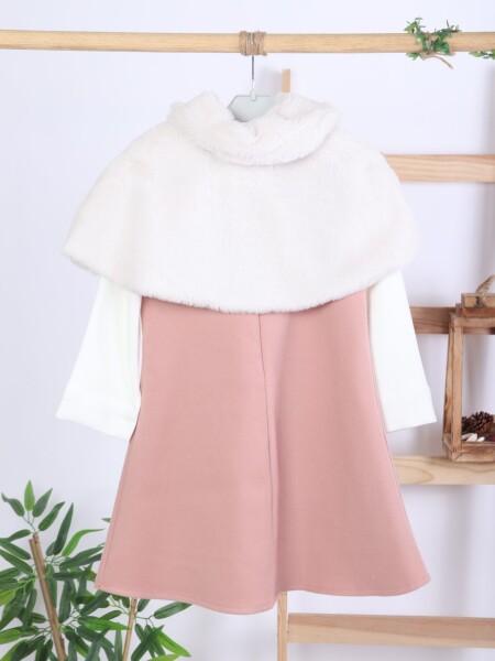 Pelerin Detaylı Çift Cepli Kız Çocuk Elbise 2-6 Yaş 4411 Pudra - 12