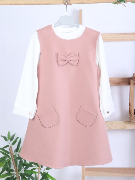 Pelerin Detaylı Çift Cepli Kız Çocuk Elbise 2-6 Yaş 4411 Pudra - 13