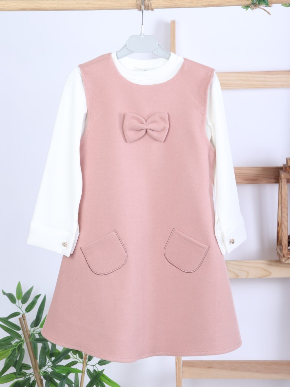 Pelerin Detaylı Çift Cepli Kız Çocuk Elbise 2-6 Yaş 4411 Pudra - 13