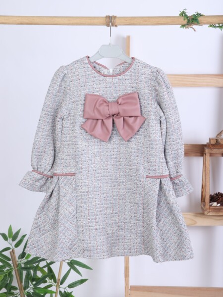 Deri Fiyonklu Büzgü Kollu Tüvit Kız Çocuk Elbise 3-7 Yaş 4415 Mor - 9