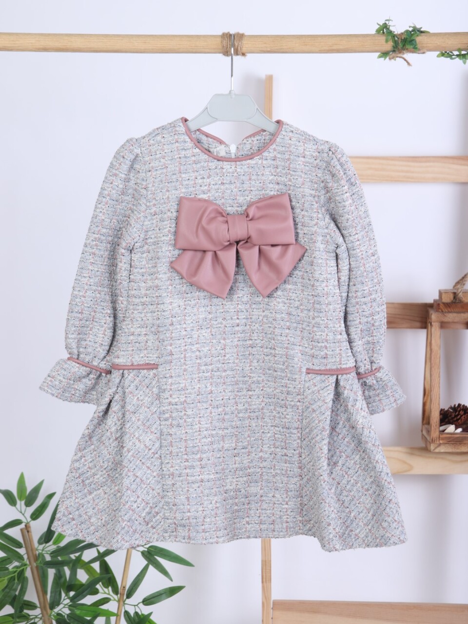 Deri Fiyonklu Büzgü Kollu Tüvit Kız Çocuk Elbise 3-7 Yaş 4415 Mor - 9