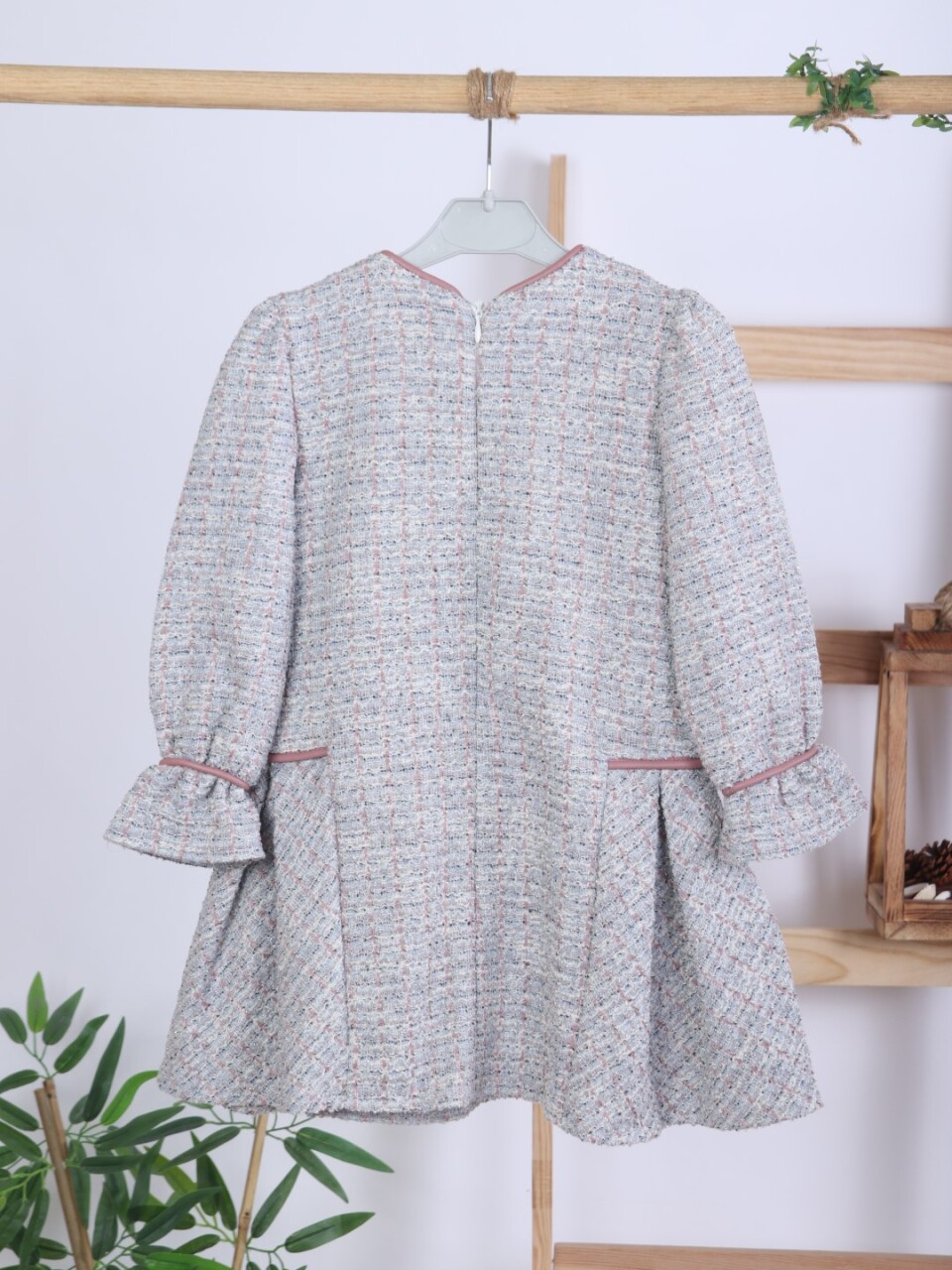 Deri Fiyonklu Büzgü Kollu Tüvit Kız Çocuk Elbise 3-7 Yaş 4415 Mor - 10