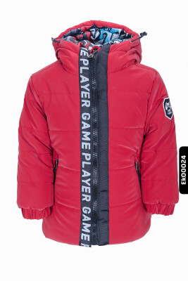 Erkek Çocuk Kapüşonlu Fermuarlı Baskılı Şişmeli Mont 2-5 Yaş 22417 Kırmızı - 4