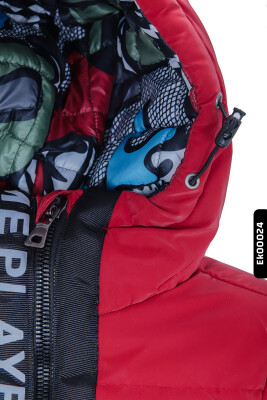 Erkek Çocuk Kapüşonlu Fermuarlı Baskılı Şişmeli Mont 2-5 Yaş 22417 Kırmızı - 6