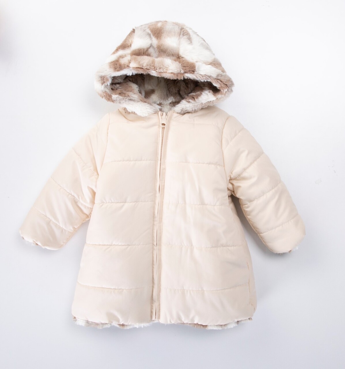 Çift Taraflı İçi Polarlı Rüzgar Geçirmez Kapüşonlu Şişme Kız Çocuk Mont 2-6 Yaş 50315 Bej - 1